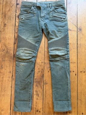 Balmain Paris Olive Biker Moto Jeans Distressed Stretch Made Japan Sz 29